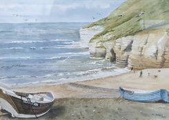M Foulds (20th century school) Watercolour  Beach scene with fishing boats, signed lower right 1987,