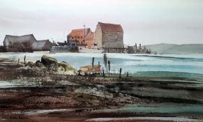 G John Blockley (1921-2002) Watercolour drawing Coastal scene, beached rowing boat and buildings,