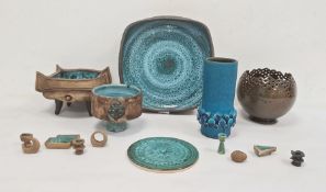 Clive Brooker bronzed effect studio pottery bowl, rounded square with turquoise glaze interior on