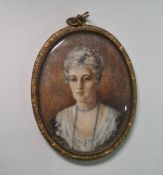 Late 19th/early 20th century school  Watercolour miniature on ivory Head and shoulders portrait of a