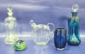 Baccarat wine ewer, flattened disc shape and panelled, a blue and clear glass glug-glug decanter,