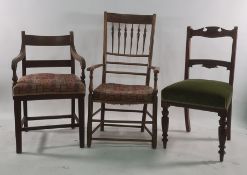 Philip Clisset hardwood spindle back elbow chair with rush seat (marked P C to top of both