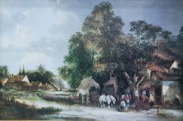 Oleograph depicting horse-drawn carriage in village scene, in gilt frame, 60cm x 90cm