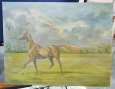 Attributed to Madeline Selfe (1910-2005)  Oil on canvas board  Horse galloping in a field, 21.5cm