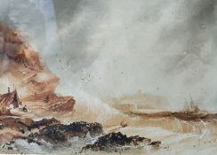 Henry Barlow Carter (1803 - 1867) Watercolour  Waves crashing on coastal rocks with figures in sepia