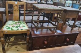 Oak framed chair, a bedside table, and a mahogany bookcase (3)