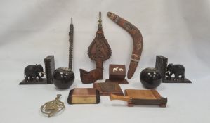 Pair late Victorian silver inlaid lawn bowls with presentation inscription, various Eastern wooden