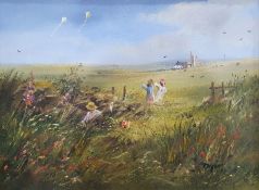 Early 20th century Oil on canvas River scene, unframed Modern oil on canvas Girls flying kites