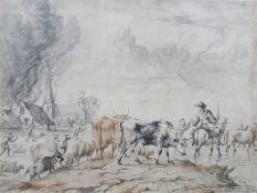 Unattributed (19th century school) Watercolour  Burning village with villagers fleeing across a