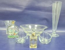 Holmegaard painted decanter, silver mounted cut glass scent bottle and other modern glassware