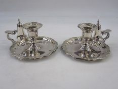 Pair silver plated chambersticks, each with removable serpentine edged drip tray, bell-shaped