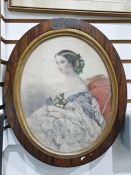 Victorian coloured mezzotint of a seated lady with flowers in her hair and on her dress, oval, in