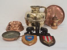 Copper jelly mould, large Eastern brass ewer and other metalware