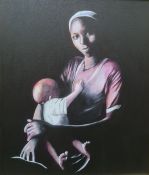 Three modern pictures, including oil of mother and child, and textile picture (3)