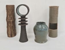 Clive Brooker studio pottery abstract vase with bark finish and turquoise roundel panel, 37cm