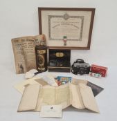 Rank Mamiya camera, a Russian painted wooden canister, an aluminium model of a plane, a framed