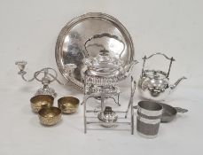 Quantity of plated ware to include circular tray, teapot, candlesticks, etc (1 box)