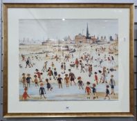 Two prints after Lowry, beach scene and street scene (2)  Condition ReportThe larger print is 76.5cm