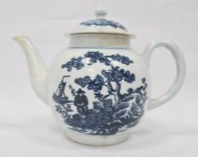 18th century Liverpool porcelain teapot and cover, globular, printed in underglaze blue with