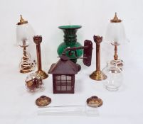 Green glass large vase with bulbous body, metal lantern-style light, pair brass table lamps and