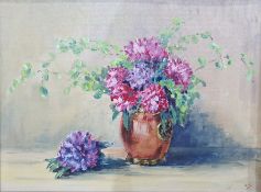 Oil on canvas board Modern still life study of flowers in a vase Watercolour Bluetits  another