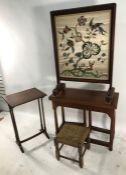 19th century silkwork and mahogany-framed firescreen, a string-topped stool, a side table and a