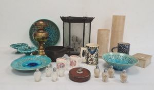 Surveyor's tape, alabaster vases and box, brass oil lamp, iron pestle and mortar, quantity Isnik