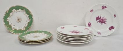 Seven 19th century china plates, puce decorated with naturalistic floral sprays including tulips and