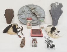 Two sporrans, wooden plaques, composition cherub plaque and other items  Condition ReportThe