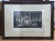 Quantity of decorative prints and unframed black and white oil on board of village scene