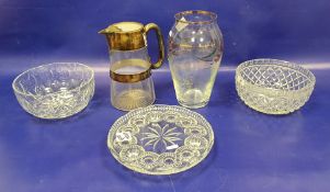 Cut glass silver plated mounted water jug, two cut glass fruit bowls, vase and other items (8)