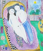 Dora Holzhandler (1928 - 2015) Oil on canvas  Couple reclining by window  Signed and dated lower