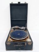 Portable table-top gramophone player, possibly 1930's, with parquetry inlay effect beneath the