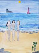 Dora Holzhandler (1928 - 2015) Oil on canvas Three semi nude women on a beach Signed and dated lower
