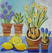 G J Tyler (20th century school)  Pair of oils on canvas  Still life studies of bowls and fruit,