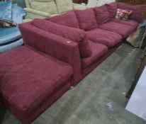 MultiYork corner sofa and pouffe in plum upholstery, with two scatter cushions