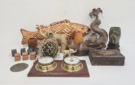 Carved wooden items, green glass witch's ball and other collectable items