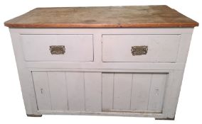 Vintage pine-topped dresser base with two painted drawers above two sliding doors, 124cm wide x 81cm