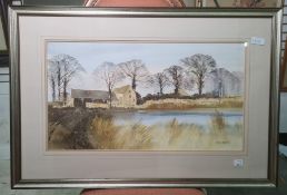 G John Blockley (1921-2002) Watercolour drawing Cotswold building with stone barn beside river,