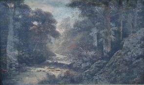Possibly 19th century, oil on panel, river though woodland, indistinctly signed lower left, together