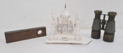 Alabaster model of the Taj Mahal (with damage), a pair of racing glasses and a wooden and brass
