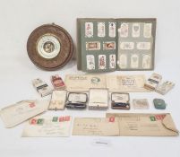 Aneroid barometer in circular oak case, pair 9ct mounted simulated pearl earrings, sundry stick