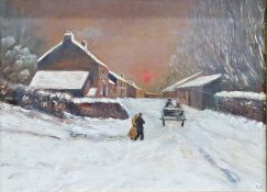 MS (early 20th century) Oil on board Village snow scene with horse and cart, initialled MS lower