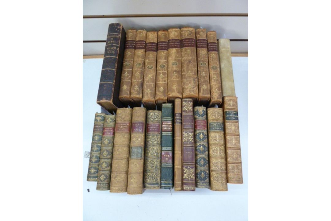 Fine bindings, mainly a mixture of full leather, half leather, marbled boards and a bible with - Image 1 of 2