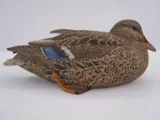 Philip Nelson decoy duck, carved in the form of female mallard, initials to base 16 cms h x 39 cms