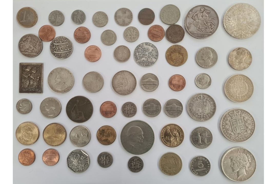 Victoria 1844 crown, 1822 George IV crown, previously cleaned tertio edge and various world coins - Image 1 of 4