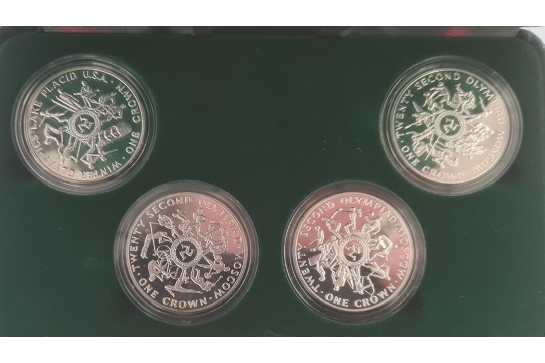 Set of four silver proof crowns by the Isle of Man to commemorate the 1980 Olympics - Image 1 of 2