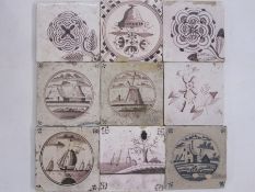 25 x 18th century hand painted Delft tiles to include buildings, windmill, boughpots, stylised