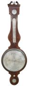 19th century mahogany and satinwood inlaid wheel barometer, with silvered dial, marked S. Lilly
