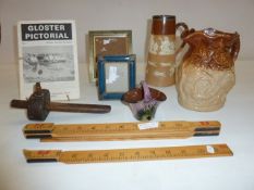 Doulton Lambeth stoneware jug with silver mounted rim, a Doultonware jug, picture frames, wood